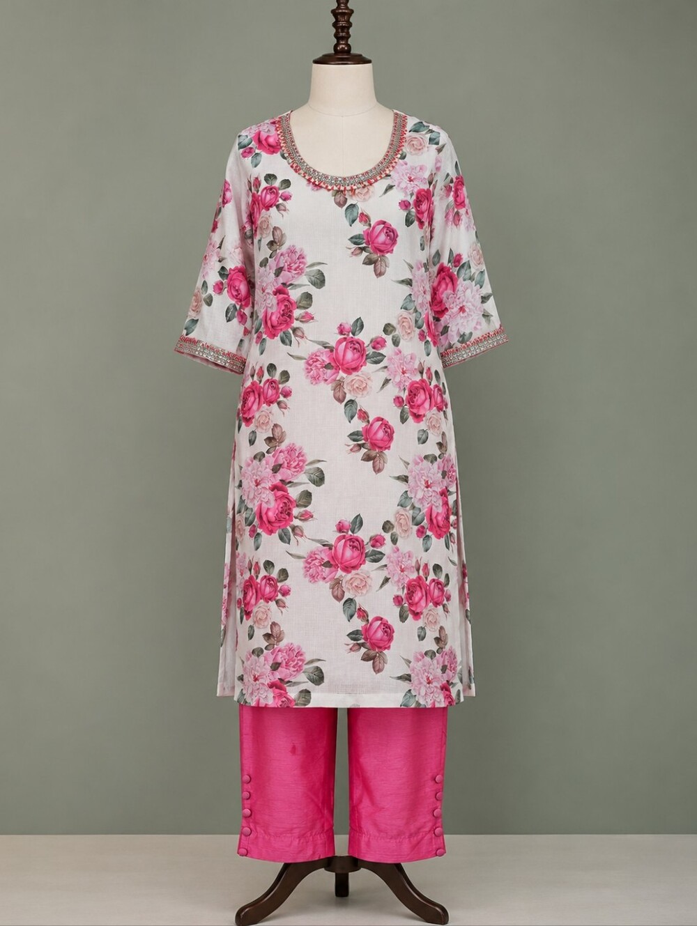 Indian Floral Kurta Pant Set Bust 44 Fully Lined Pink White Ethnic Suit